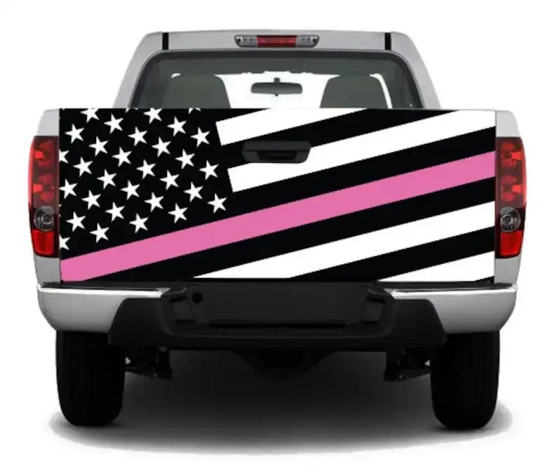 

American Flag Truck w/Pink Stripe Angled Tailgate Wrap Vinyl Graphic Decal Sticker Wrap - FREE SHIPPING