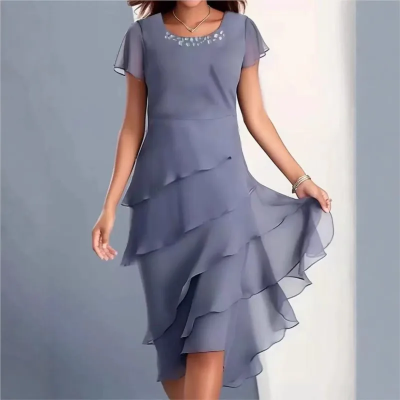 Boho vestido feminino verão moda o pescoço manga curta sólida chiffon em camadas bainha babados bolo festa midi vestidos para mulher novo