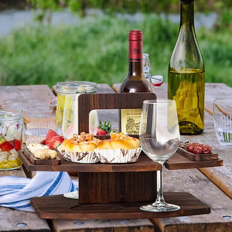 Wooden Portable Outdoor Folding Table Fruit Snack Tray Camping Table Picnic Wine Table Removable Wine Glass Holder Picnic Table