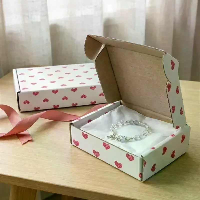10Pcs Cute Heart Bow Printed Corrugated Shipping Boxes Crush Resistant Mailers for Small Business Gift Packaging