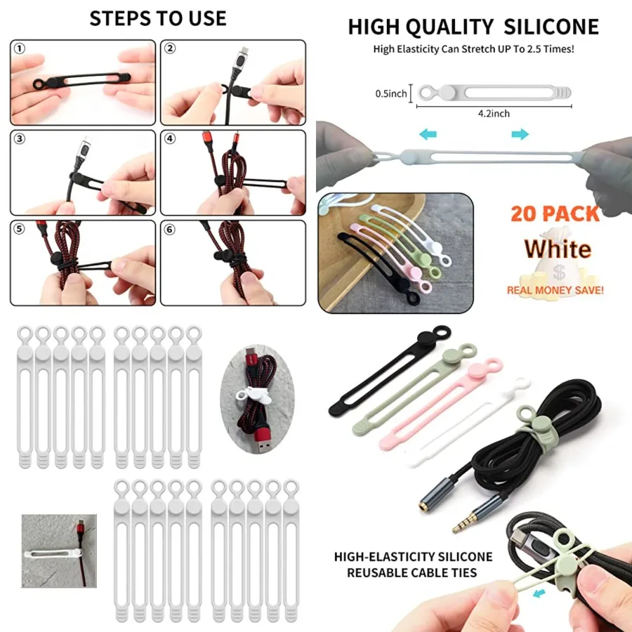 

20Park] Silicone Cable Ties, Reusable Cable Management Organizer, Cable Straps, Cord Ties, Multipurpose Elastic Cord Organizer