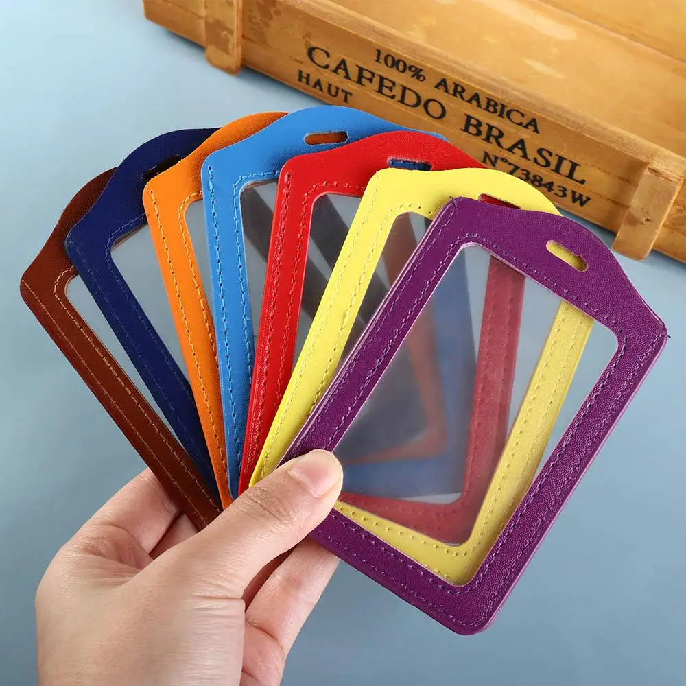 1pc Colorful PU Leather ID Badge Case Double-Sided Transparent Credit Card Holder Work Office Supplies