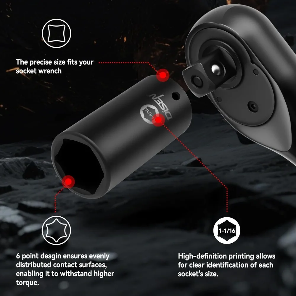 19ピース 1/2インチ SAE インパクトソケットセット、ディープソケット 3/8インチ～1-1/2インチ、Cr-V鋼、耐久性のあるケース