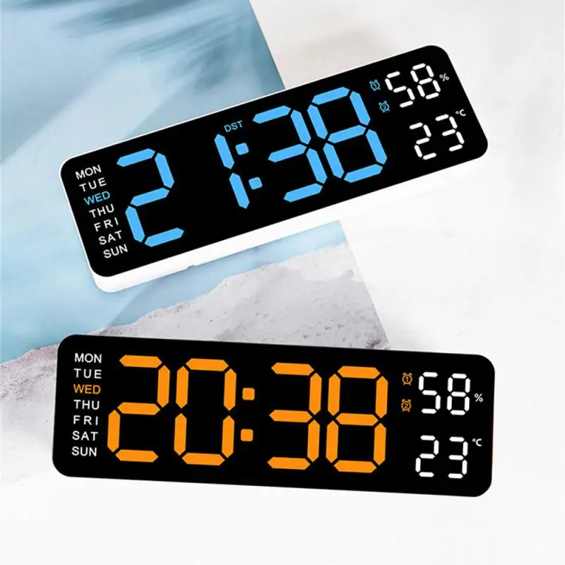 9 Inch Large Digital Wall Clock USB Powered Humidity Week Dimmer Table Clock 12/24H Electronic LED Alarm Clocks