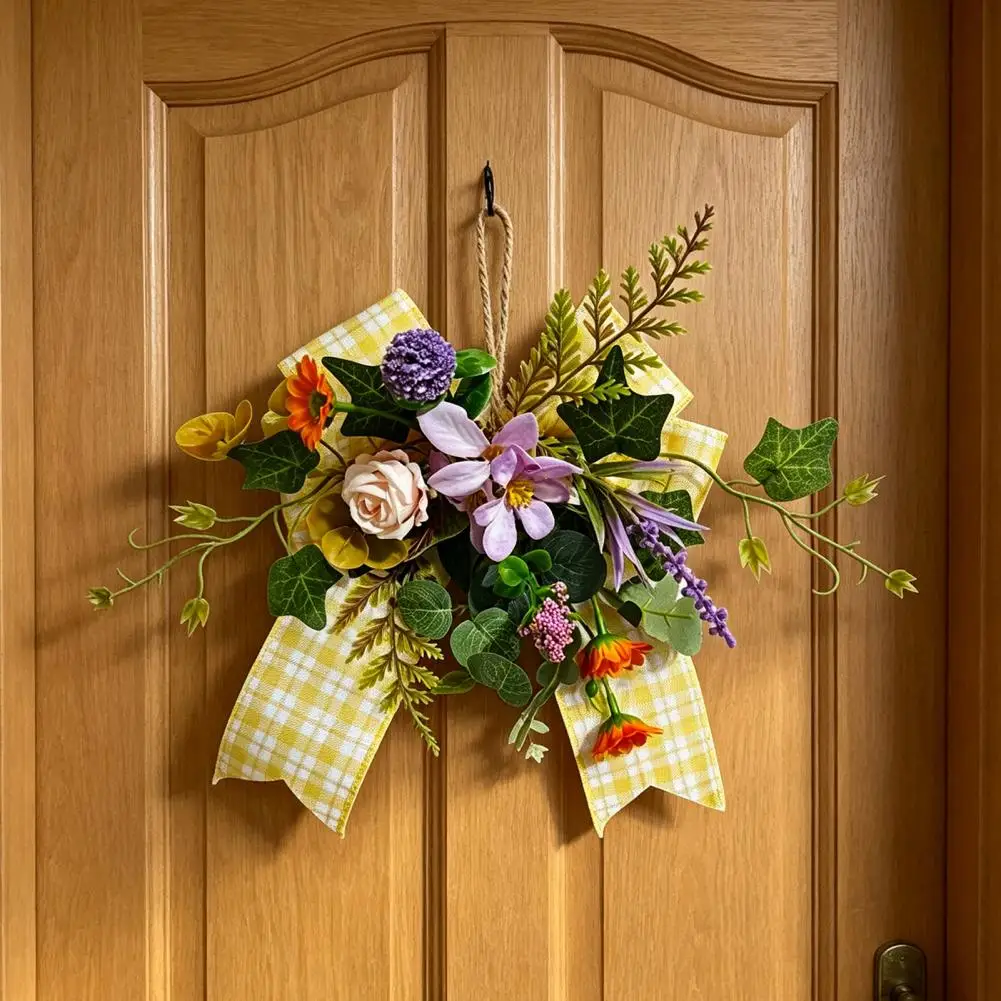 Fade Resistant Wreath Spring Summer Artificial Wreath with Yellow Plaid Bow Easter Flower Door Decoration Indoor Outdoor Wall