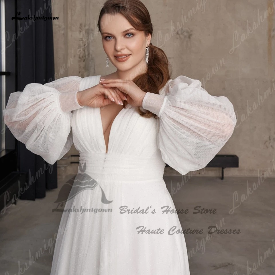 Yanshmigown-Robe de mariée de plage à manches longues pour femmes, grande taille, patients gonflés plongeants, ligne A, tulle, mariage, quoi que ce soit, 2023 Abito Sposa