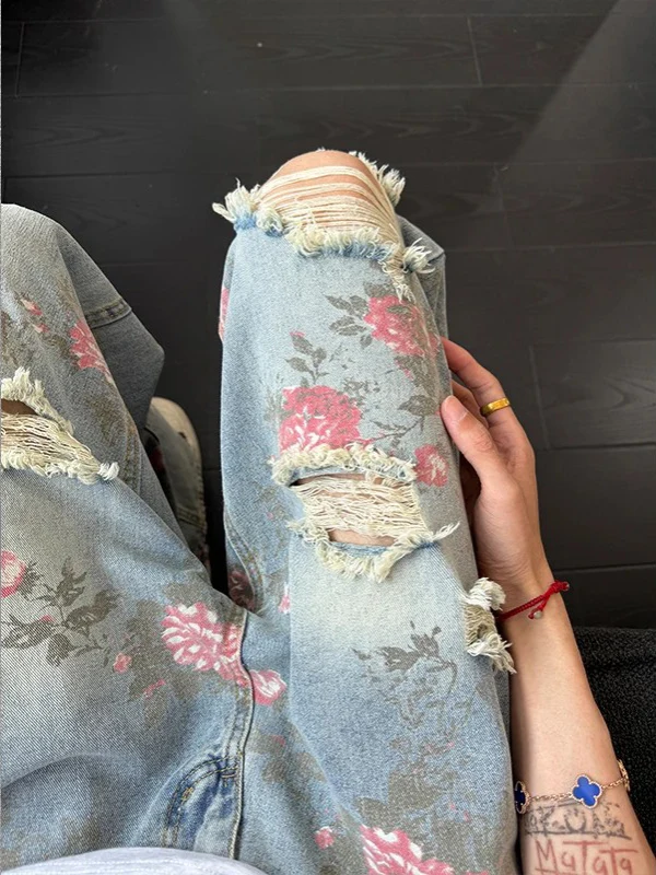 

Light Blue Peony Flower Hole Denim Jeans Men's Summer American High Street Loose Straight Leg Poor Man's Pants