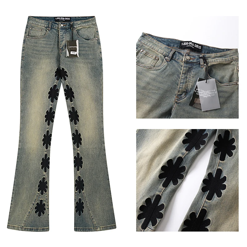 

LOST SHDWS JEANS Europe American Streetwear Unisex Hip Hop Loose Micro Flared Stretch Trousers Vintage Patchwork Denim Pants