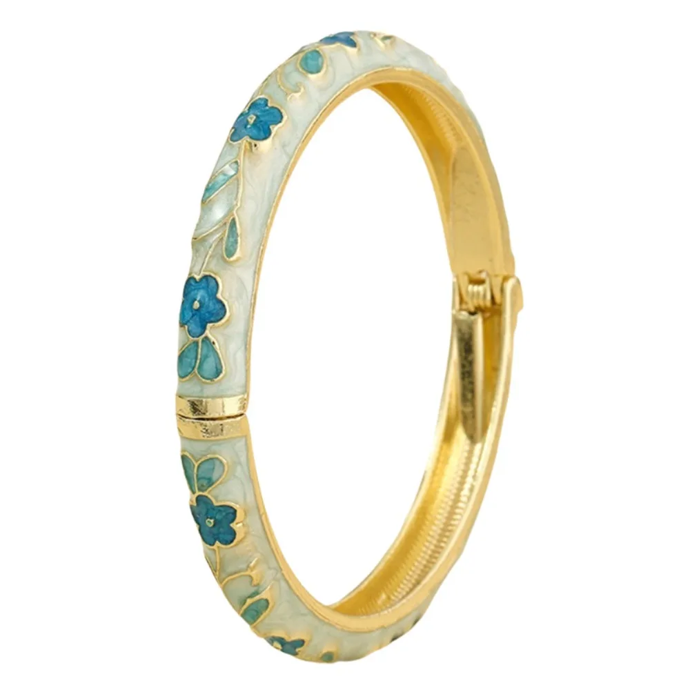 Zinc Alloy Cloisonne Bracelet Rustic Style Flower Pattern Blossom Enamel Bracelet Drip Oil Process Vintage Women Bangle Student