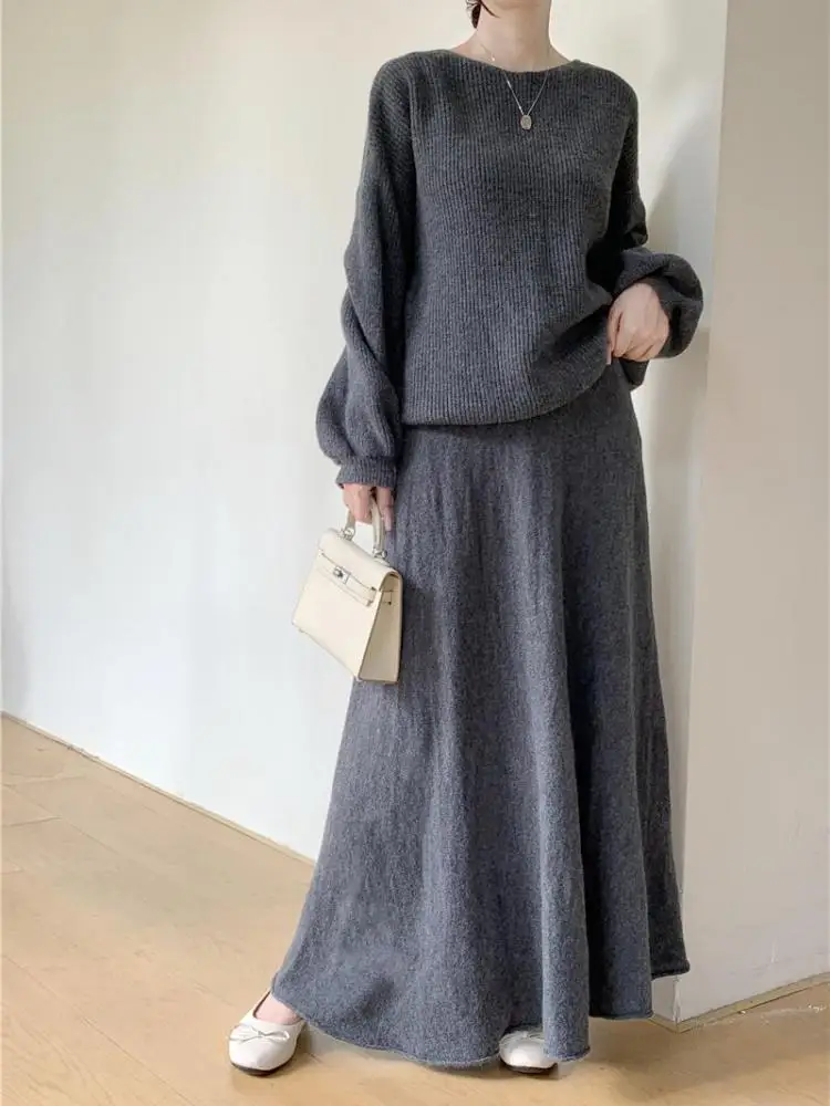 

Korean Autumn Winter Two Piece Sets Women Solid Round Neck Knit Sweater Tops And High Waist Long Skirt Casual Suit Fashion Trend