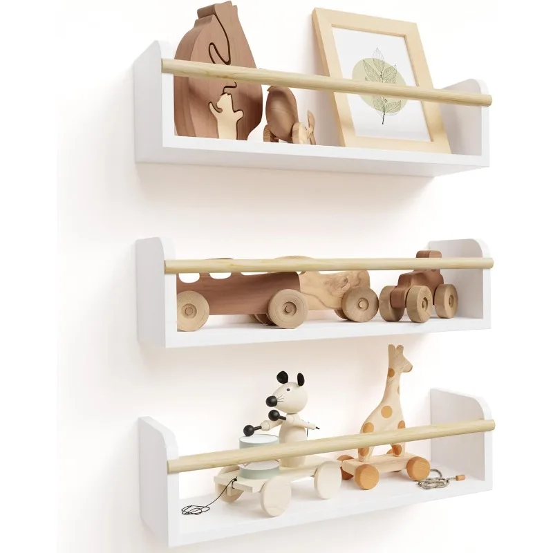 

Decorative Nursery Bookshelves for Kids - Set of 3 Easy to Install Floating Shelves for Wall Mount - Beautiful Hanging Organizer