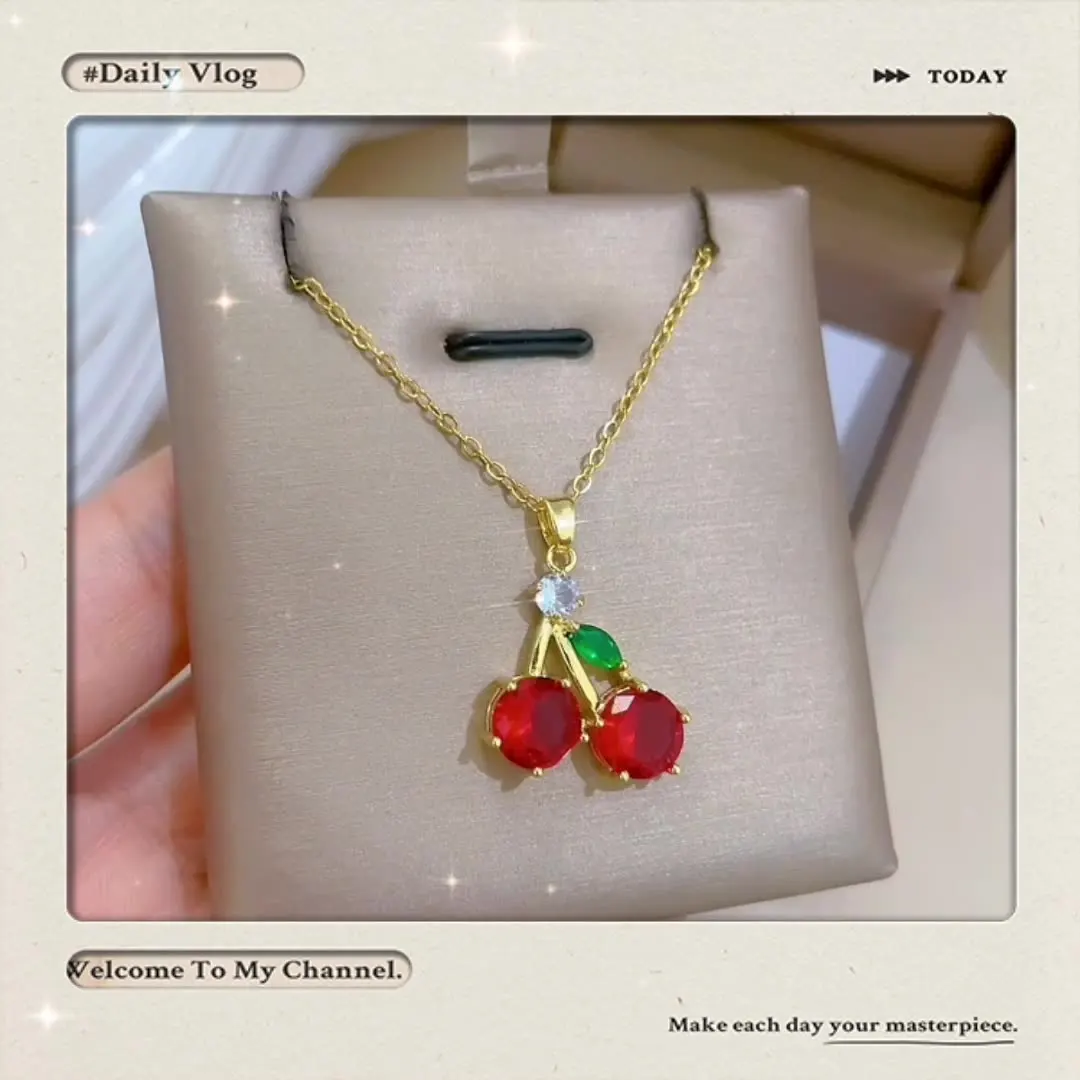 DIEYURO 316L Stainless Steel Red Zircon Fruit Cherry Pendant Necklace For Women New Trend Fashion Collarbone Chain Jewelry Gift
