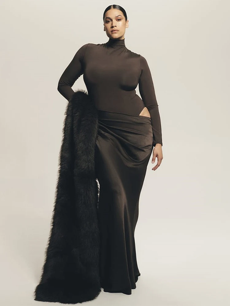 

Элегантное атласное платье макси с длинными рукавами и вставками, облегающее вечернее платье с воротником-стойкой, шикарное платье для ужина и вечеринок для женщин