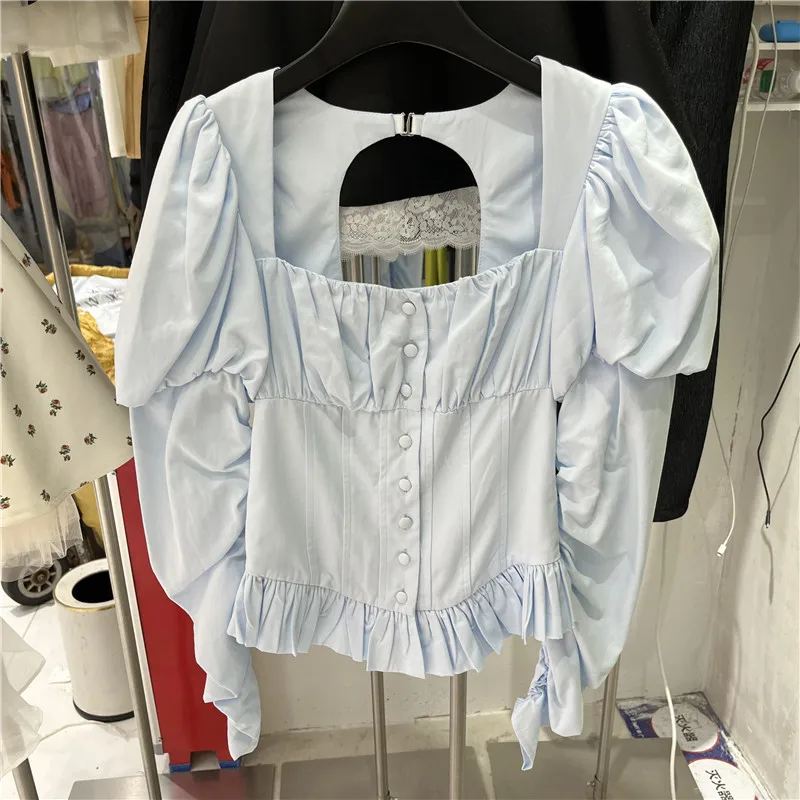 

Retro Square Collar Bubble Sleeve Shirt Summer New Style 2026 Long Sleeve Backless Hem Ruffle Waist Cinched Top Women's Fashion