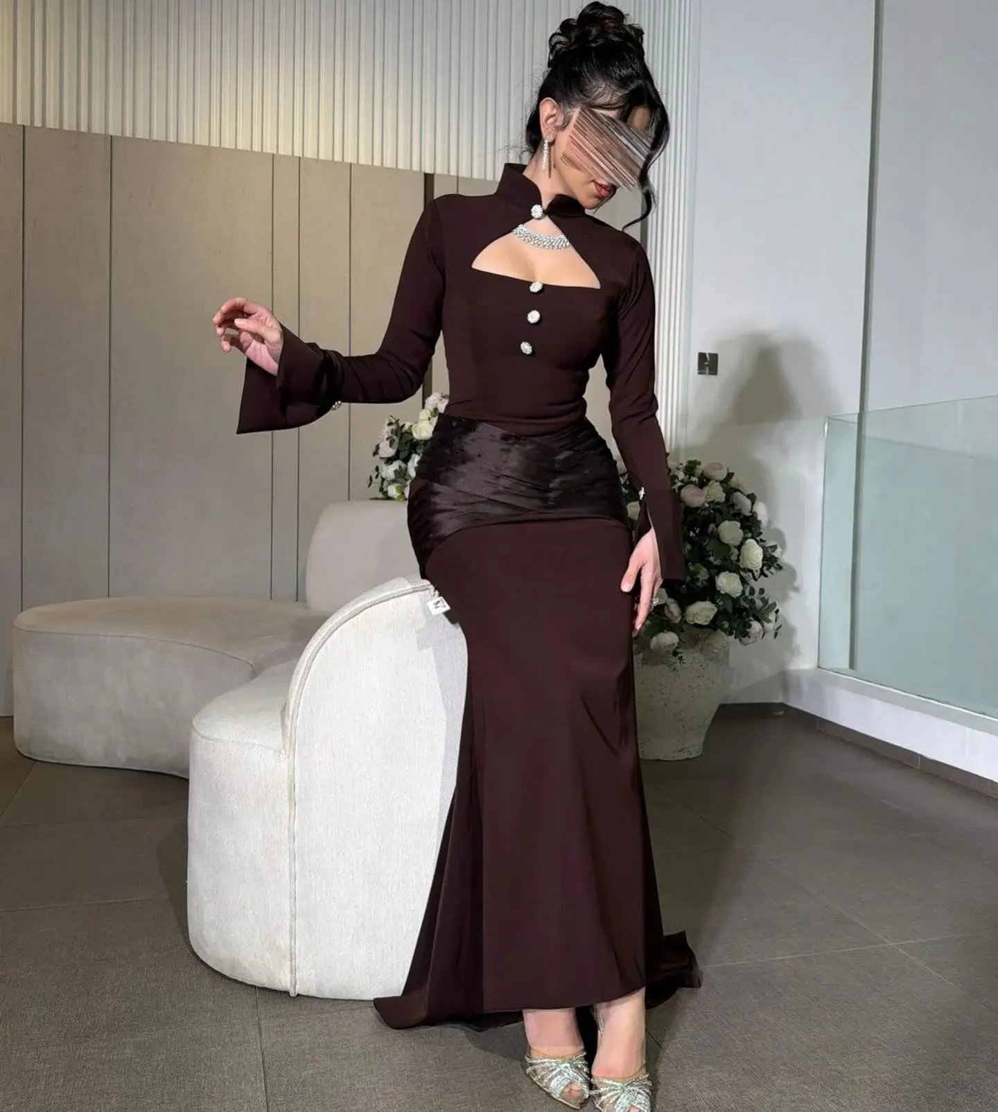 Matching Fashion Evening Dress Brown Prom Dresses Pleat Draped High Collar Bespoke Occasion Wedding Dresses Customized