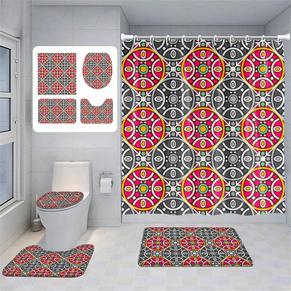 

Bohemian 4-Piece Bathroom Set: Shower Curtain, Toilet Cover & Rugs, Bold Geometric Patterns, Stylish Exotic Decor