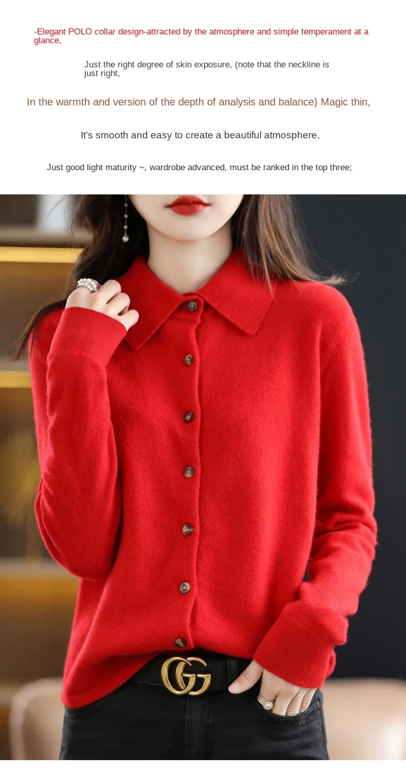 2024 Damen-Strickjacke mit POLO-Kragen, Basic, vielseitig, oben aus gesponnener Wolle, eleganter einreihiger Pullover DMR 430 – Detail 8