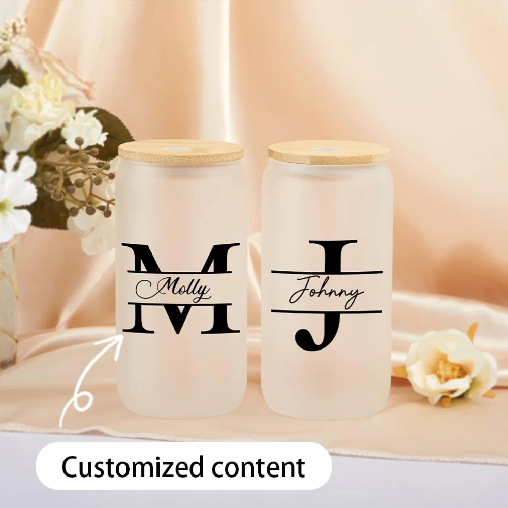Custom Initial Name Frosted Glass Can Cup with Bamboo Lid & Straw,Personalized Monogram Iced Coffee Glass Tumbler Custom Gift.