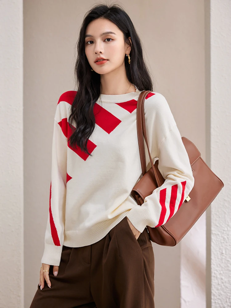 Vintage O-neck Striped Knitted Sweater Women Autumn New Fashion Streetwear Pullover Tops Casual Versatile Sweater