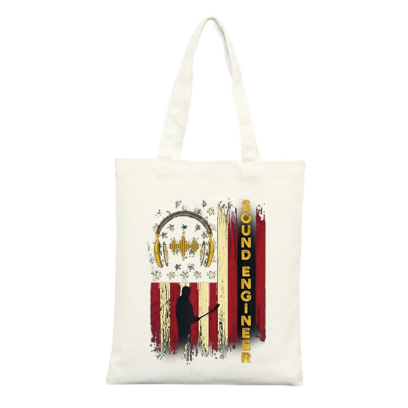 Canvas Tote Bag with Audio Equipment and Flag-inspired Graphic, Casual Style for Daily Use and Music Events