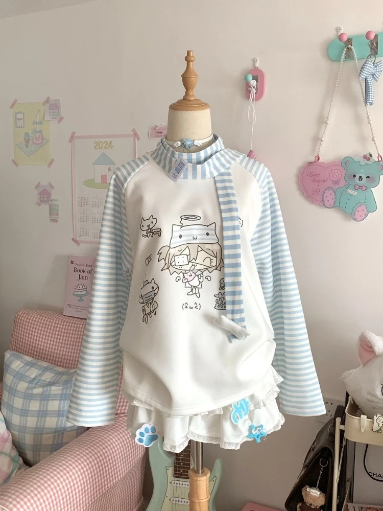 Harajuku Kawaii كم طويل تي شيرت المرأة عادية الكرتون طباعة مخطط الأعلى الحلو اليابانية لطيف ربيع الخريف 2025 وصول جديد #3