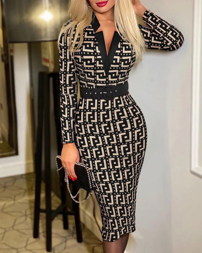 Geo Print Slim Fit Dress Elegant High Waist Slit Midi Dress, Women