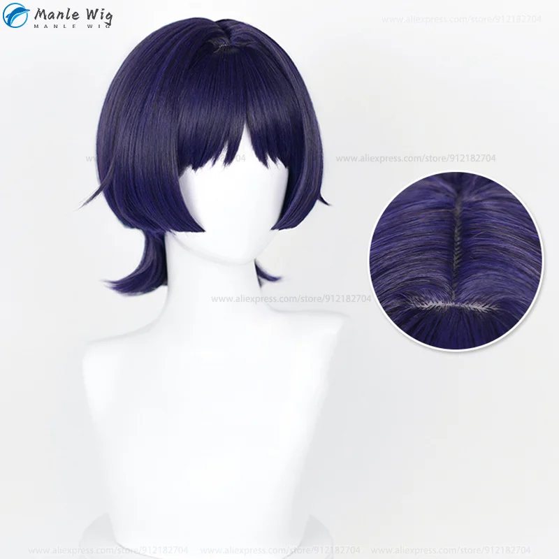 Kunikuzushi Cosplay Peruca, Scaramouche, Azul, Preto, Destaque, Roxo, Resistente ao Calor, Perucas de Halloween Plus Wig Cap