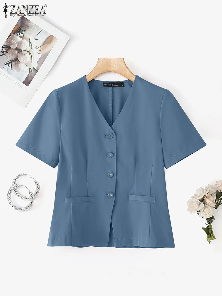 

Женская блузка ZANZEA, элегантные рубашки OL, 2025 г., сексуальная офисная женская мода с v-образным вырезом, летняя туника на пуговицах, однотонная повседневная блузка с коротким рукавом
