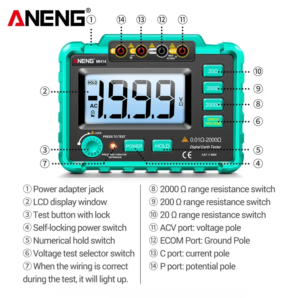 Imagem -04 - Aneng Mh14 Multímetro Digital Profissional Testador de Resistência à Terra Ac200v Medidor de Tensão Megôhmetro Voltímetro Ohm Tester Ferramenta