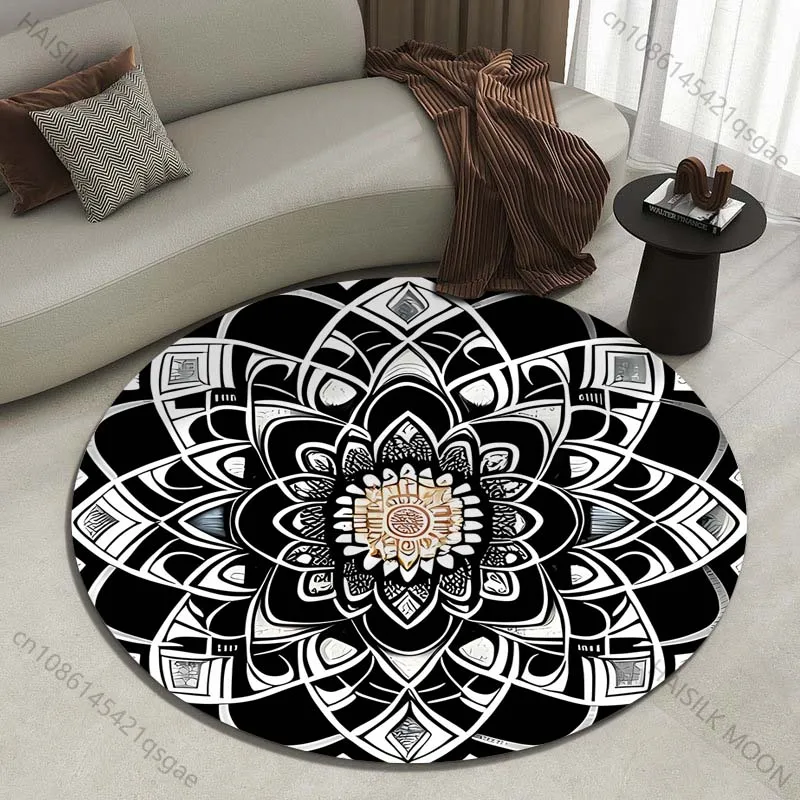 Black geometric artwork with warm centerpiece Printed round carpet living room sofa table large pet mat soft round carpet