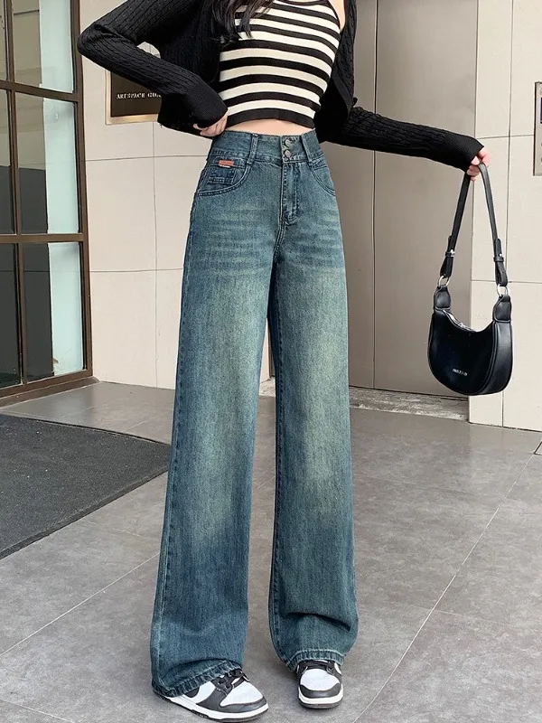 

High Waist Loose Straight Leg American Style Jeans plus Size Women's Spring Fashion Slimming Wide Leg Pants Retro Match