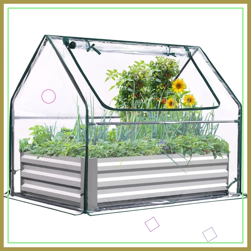 

Large Galvanized Steel Raised Garden Bed with Greenhouse Cover, Zipper Window, Tags & Gloves Included