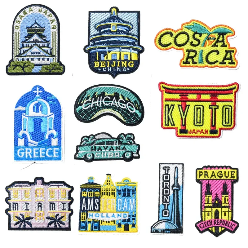 Kraj Stolica Polecana Odznaka Żelazko na haftu Landmark Patch na odzież Praga Miami Havana Tokio Termo samoprzylepny znaczek