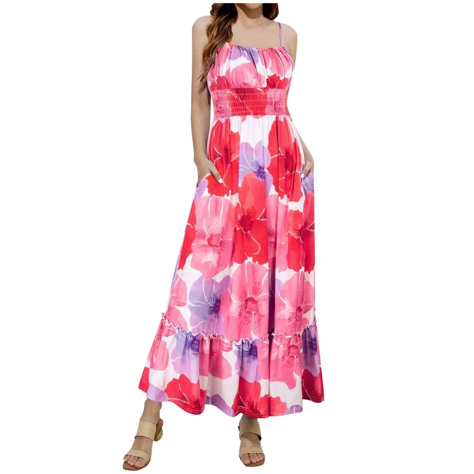 

Women's Spaghetti Strap Dresses 2024 Summer New Fashion Floral Dress Woman Korean Chic Off Shoulder Party Maxi Dress