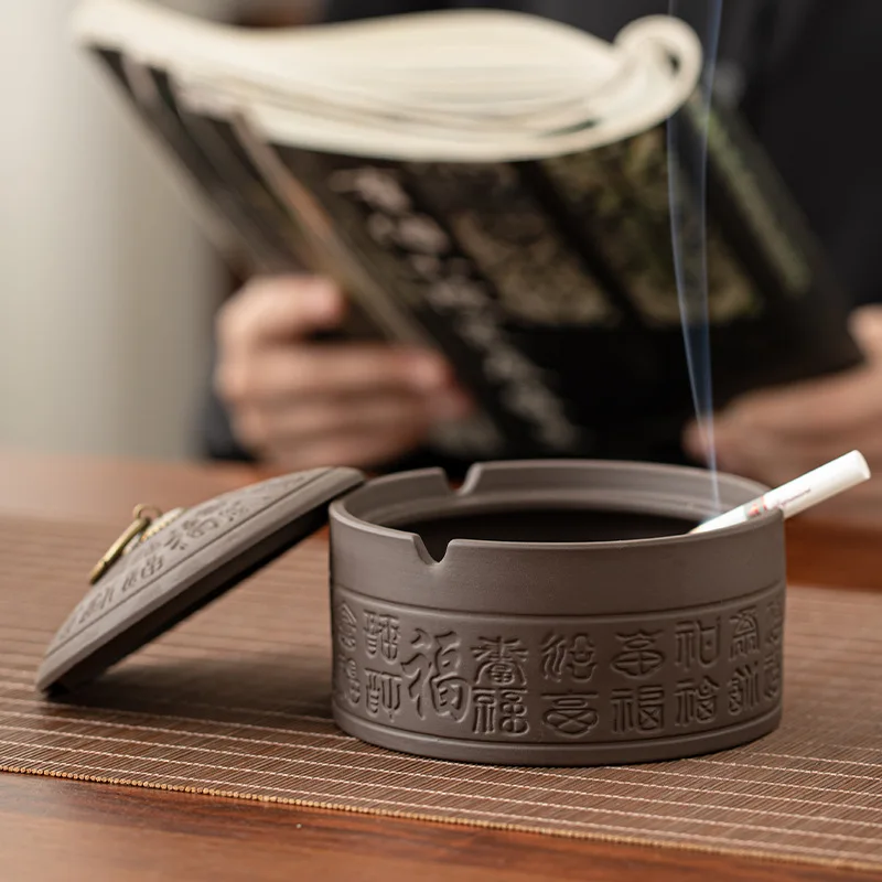 

Пепельница из фиолетовой глины с крышкой, ветрозащитная, с китайским узором «Фу», большая вместимость, минималистичный дизайн, для дома и офиса, декор для стола