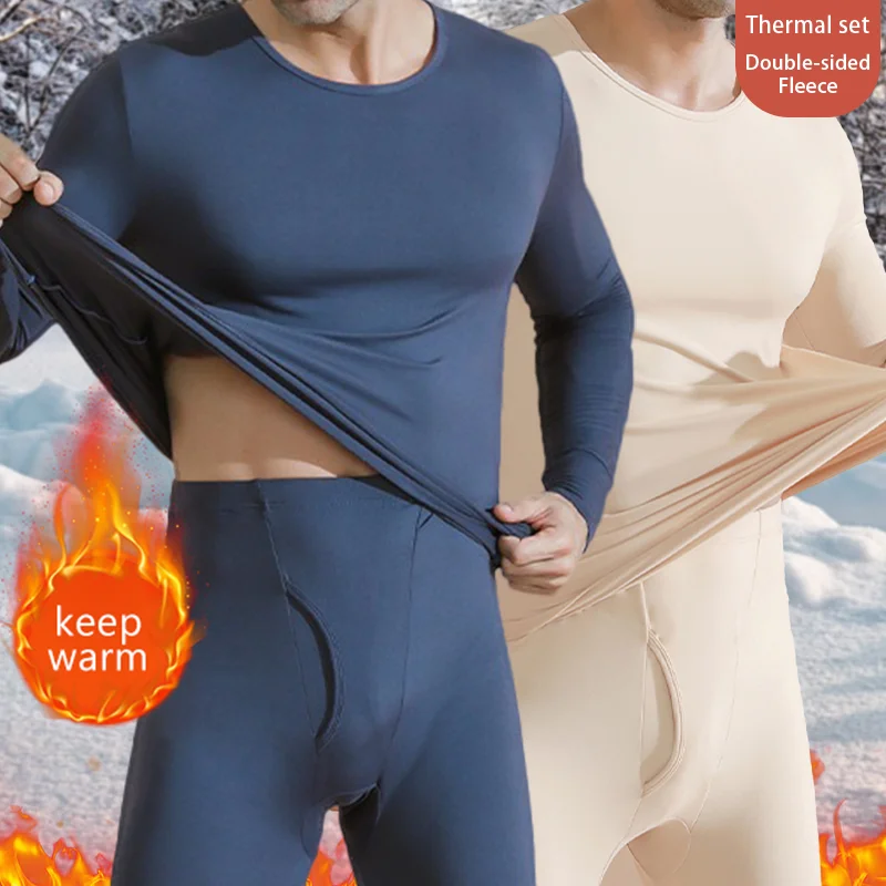 Winter Men Thermal Underwear Set Double-side Brushed Fabric Long Johns  Soft Round Neck Top & Bottom Keep Warm Clothing Pajamas