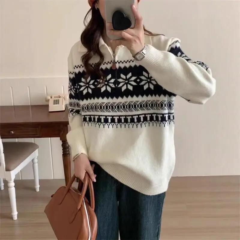 

Jacquard Loose Casual Knit Sweater Autumn Winter New Lazy Style Thick Polo Collar Pullover Women Fashion Cotton Knit Sweater