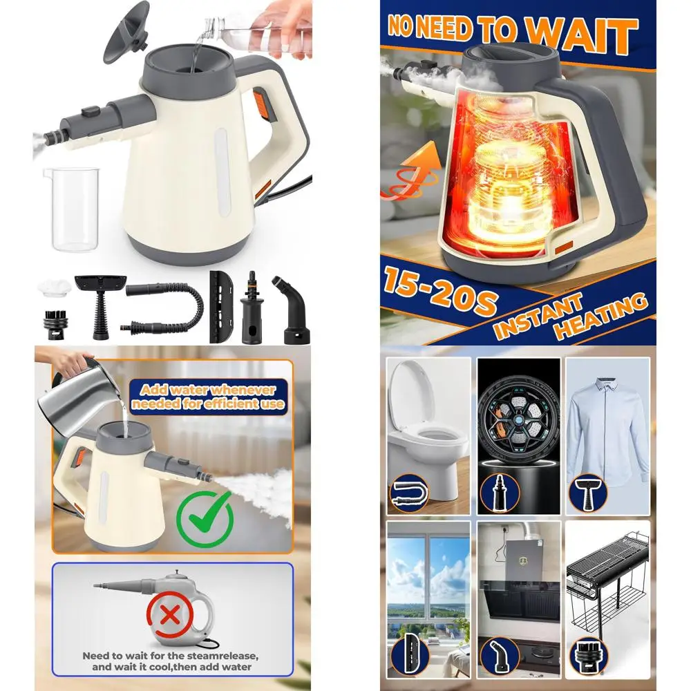 

Портативный пароочиститель 1500 Вт — быстрый нагрев, фиксируемый курок, многофункциональные насадки для дома, автомобиля и многого другого