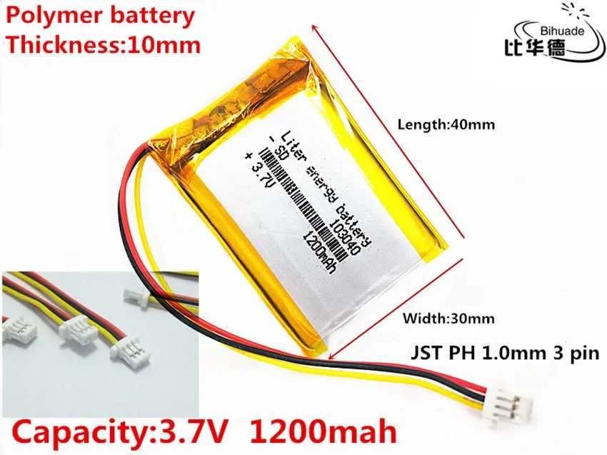 JST PH 1,0 mm 3 pines buena calidad 3,7 V, 1200 mAH 103040   Batería de polímero de iones de litio/Li-ion para tableta pc BANK, GPS, mp3, mp4