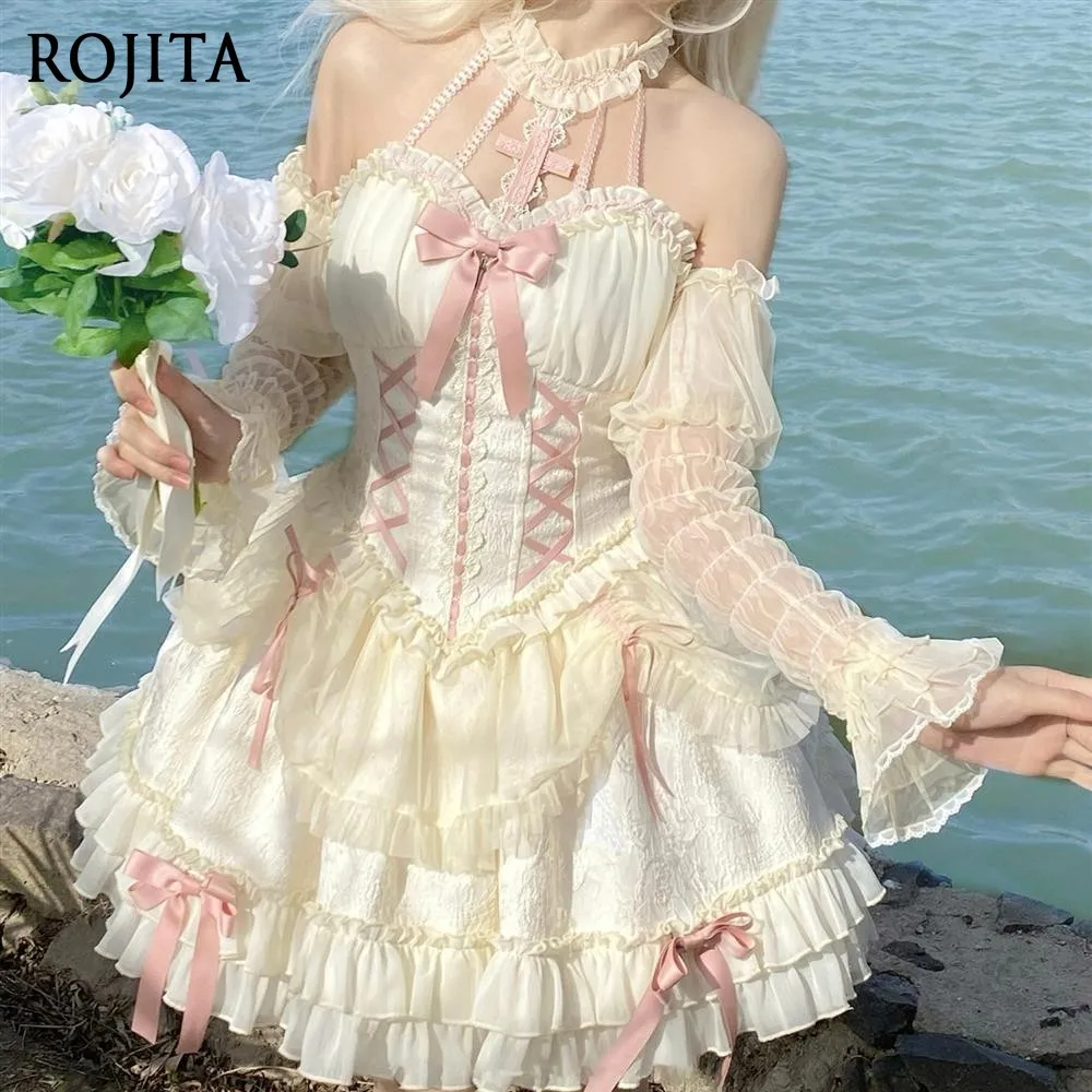 

Halter Neck Strap Dress Cross Gothic Style Lolita Dress Sweet JSK Women Natural Color and Pink Patchwork Mini Dress