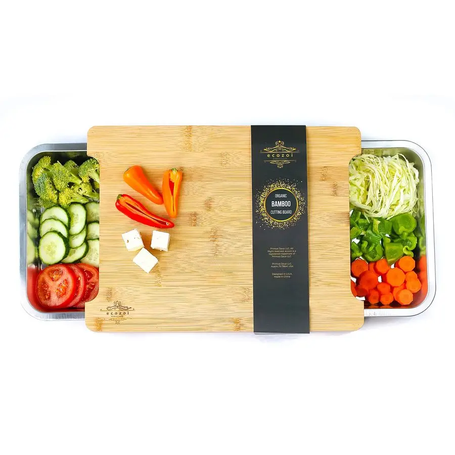 

Cutting Board by Ecozoi with 2 Slide Out Drawers. Keep Meal Prep Organized With Organic Bamboo Wooden Chopping Station. NonSlip