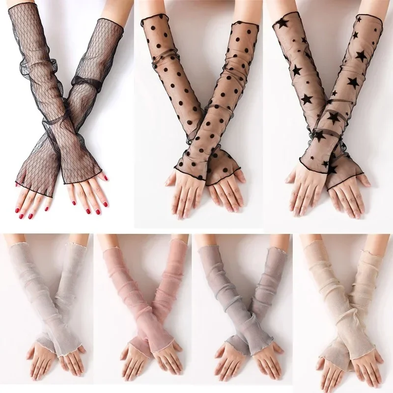 Summer Ladies Gauze Sunscreen Sleeve Gloves Lace Thin Fingerless Breathable Sunscreen Anti-UV Gloves