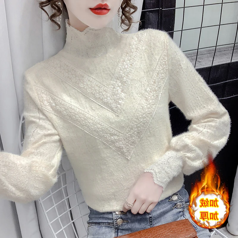 

Кружевной базовый слой irt, женский Thiened Fce f с высоким воротником, осень-зима, модная элитная внутренняя одежда, топ в Корейском стиле