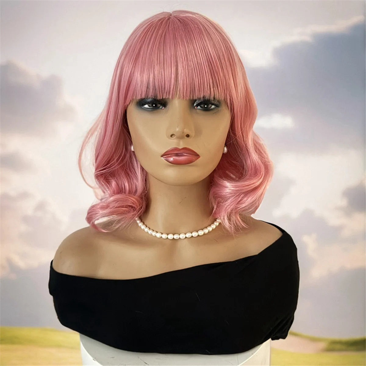 WIND FLYING Women Girls Short Volume Bobble Head Wave Wig Pink Heat Resistant Rose Mesh Elegant Fashion Wigs