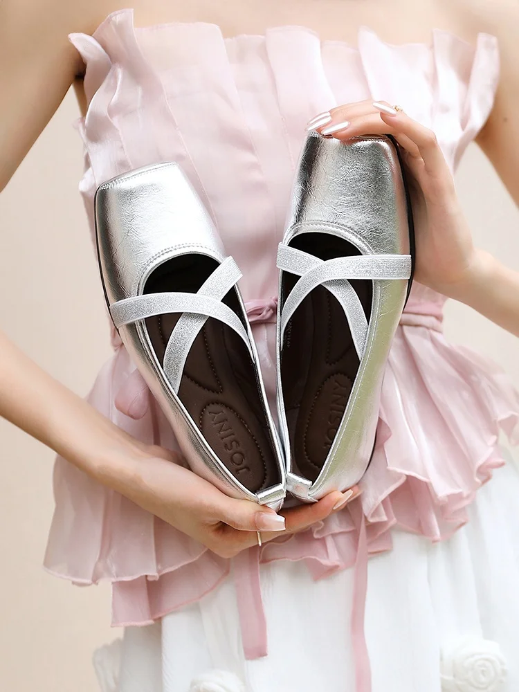 silver-ballet-flats-women's-low-cut-round-toe-faion-mary-jane-oes-casual-comfortable-synthetic-leather-youth-footwear