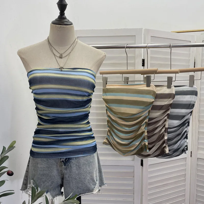 Women Color Block Striped Mesh Tube Top with Padded Chest Anti-Slip Strip Ruched Slim Fit Cropped Sleeveless Top Streetwear8185