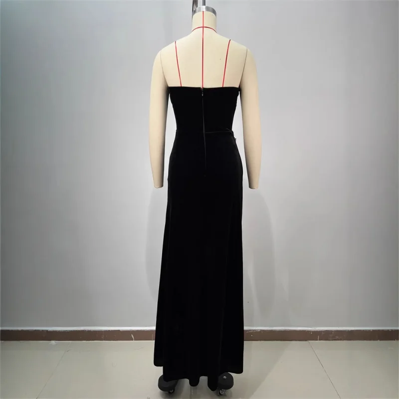 Lussuoso abito senza spalline in velluto nero trasparente sexy con paillettes