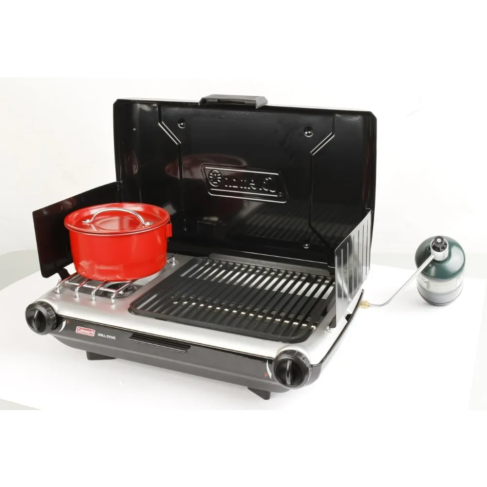 Tabletop 2-in-1 Camping Grill/Stove, 2-Burner Propane Grill & Stove for Outdoor Cooking with Adjustable Burners & Pressure