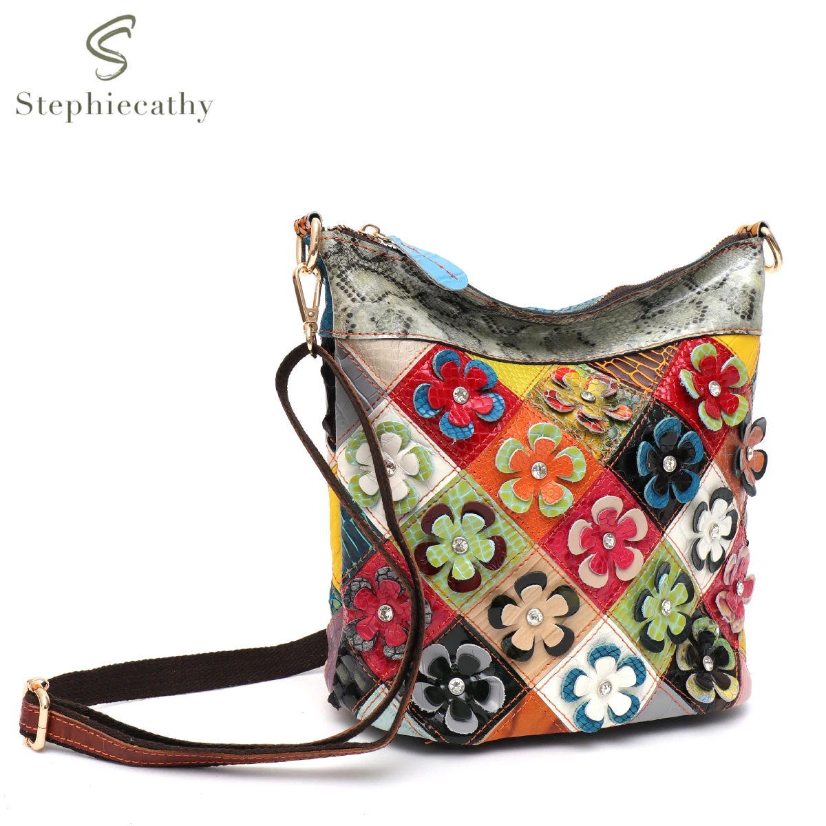 Vintage Colorful Leather Shoulder handbag for Women Casual Handmade Random Color Cowhide Flowers Bucket Boho Cross body Hobo Bag