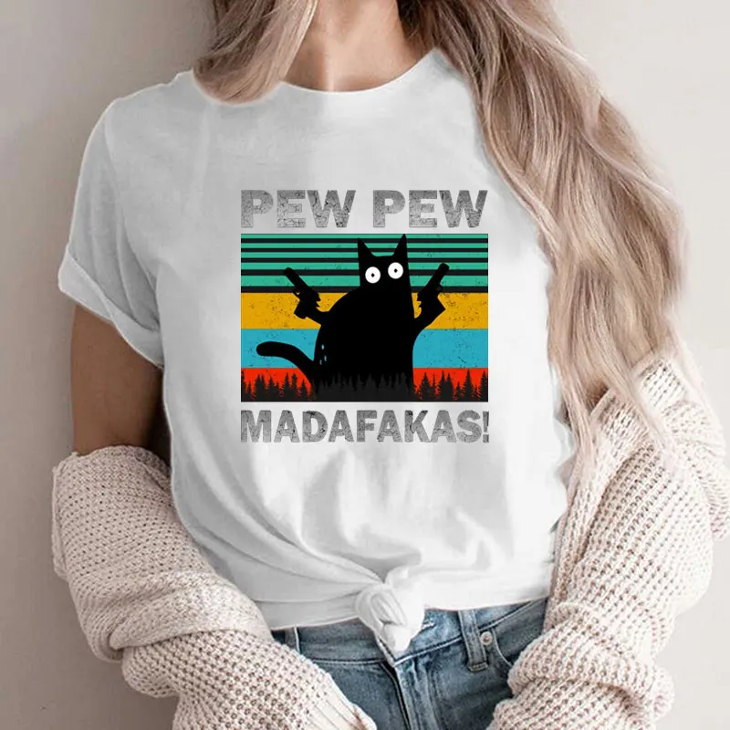 Cat Pew Pew Madafakas Grappig T-Shirt Meisje Kat Gangster Met Gun Meme Retro Humor Tops Tee Vrouwelijke Jaren 90 Bedrukte Vrijetijdskleding